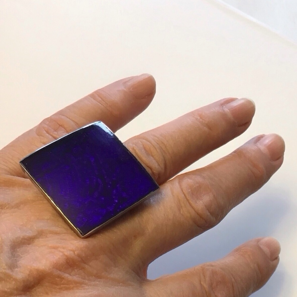 Square Purple Iridescent Resin / Acrylic Adjustable Silver Tone Statement Ring